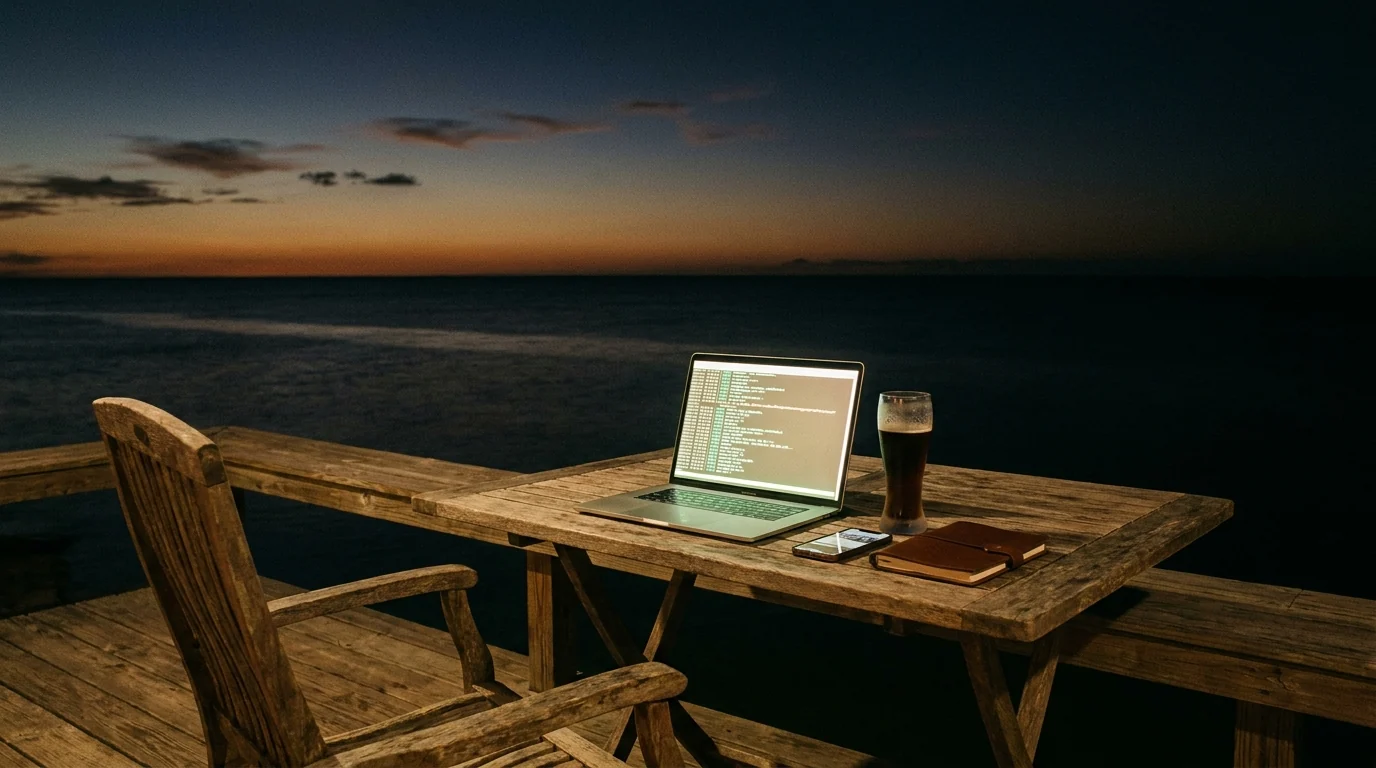 A patio at dusk over dark water: an open laptop glows on a weathered wood table, an empty chair facing it, a cold drink beading with condensation.