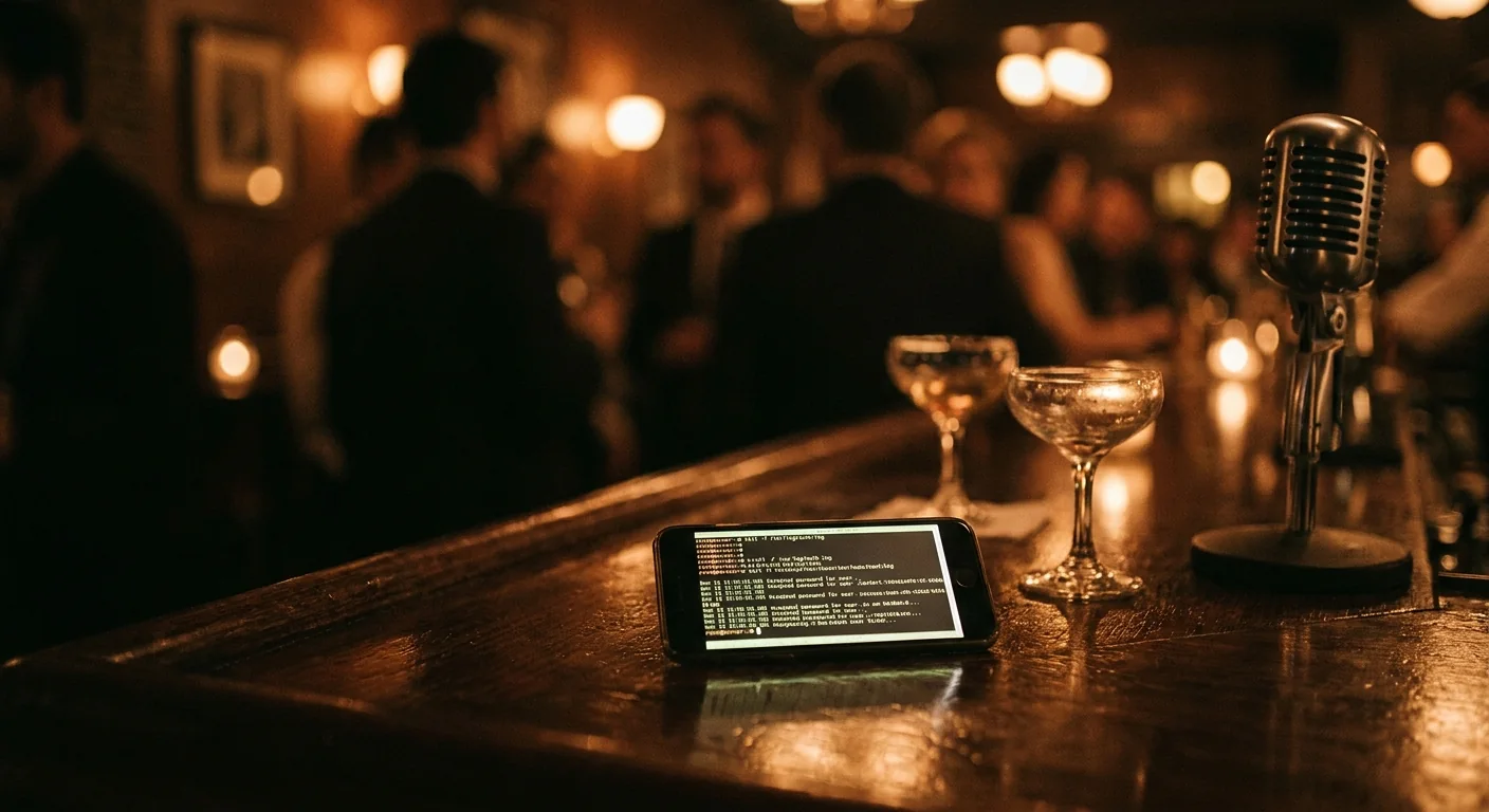 A phone face-up on a speakeasy bar showing a live green terminal; blurred patrons behind.