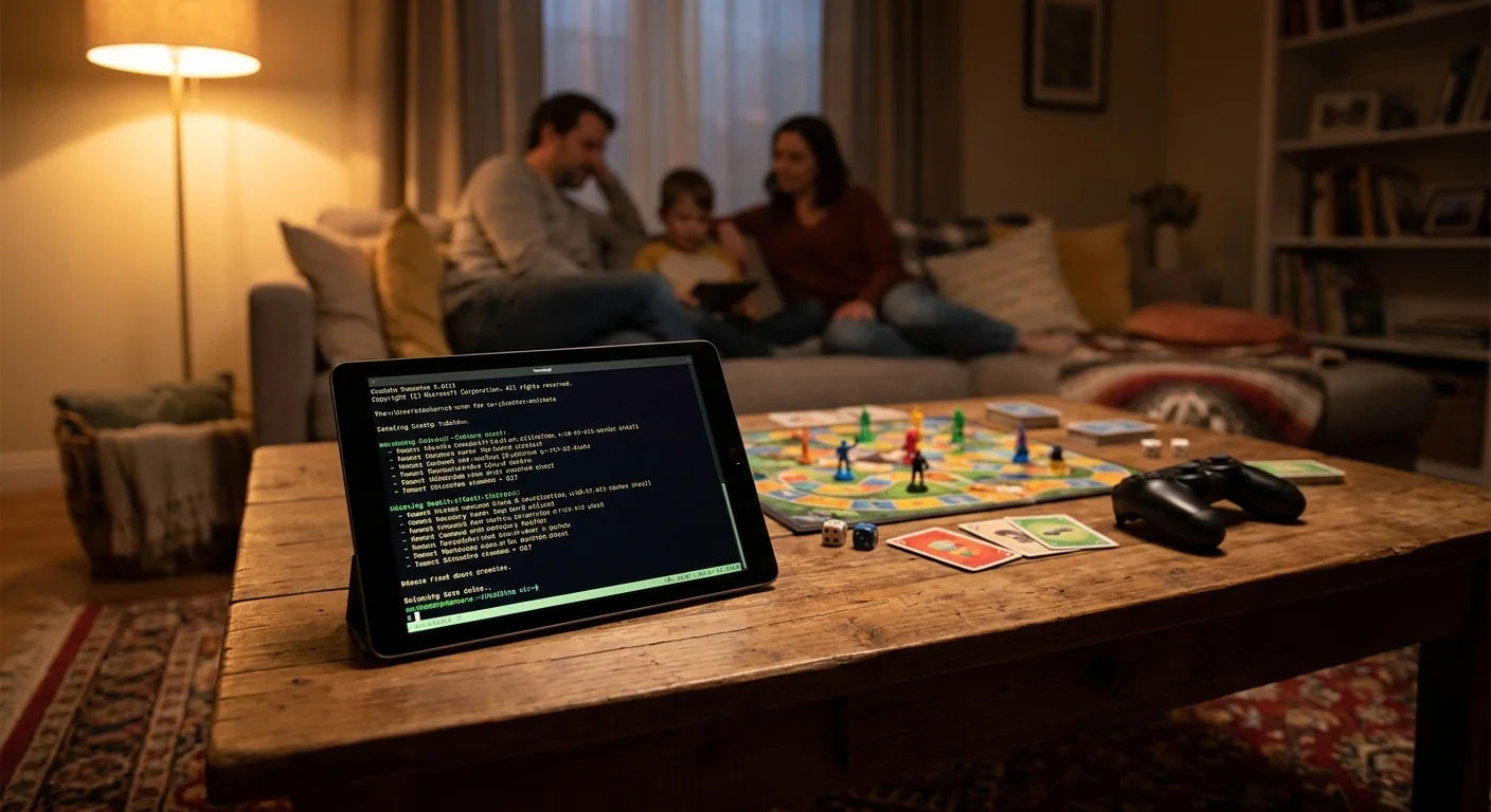 A tablet on a coffee table showing a live green terminal beside a board game; a family soft in the background.